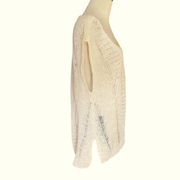 Helmut Lang Ivory Destroyed Artisanal Hollow Knit Linen Cap Sleeve Sweater - Picture 3 of 13
